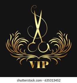 Vip beauty salon and hairdresser. Scissors and ornament symbol.