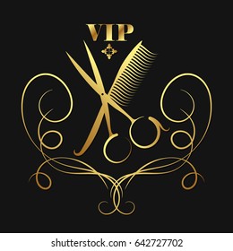 Vip beauty salon and hairdresser. Scissors and ornament symbol.