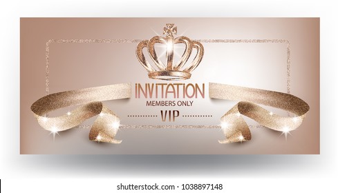 VIP beige beautiful invitation card with curly textured ribbon and crown. Vector illustration