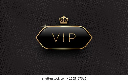 Vip black glass label with golden crown and frame on a black pattern background. Premium design. Luxury template design. Vector illustration.