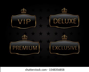 Vip black glass label with golden frame and crown. Premium, exclusive, luxury badge on certificate, royal award. Template of luxury membership for rich club. vector elegant illustration