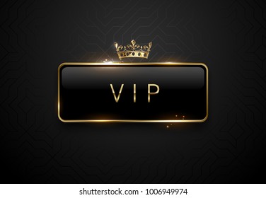 Vip black label with golden frame sparks and crown on black background. Dark premium template. Vector illustration