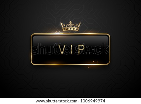 Vip black label with golden frame sparks and crown on black background. Dark premium template. Vector illustration