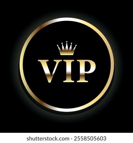  Vip black label with round gold ring frame and crown on black background. Dark glossy premium template. Vector luxury illustration