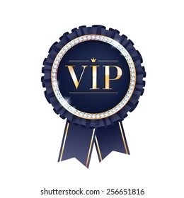 VIP black vector round badge with ribbons and diamonds. Label with fringe and golden letters.