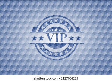 VIP blue emblem with geometric background.