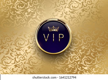 Vip blue label with round golden ring frame crown on gold floral background. Royal glossy premium template. Vector luxury illustration. Vintage invitation or announcement card design