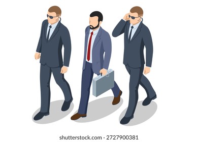 VIP con guardaespaldas. Escena isométrica de llegada VIP, guardaespaldas. Escolta de seguridad y concepto de protección de celebridades para la política, negocios, medios de comunicación y eventos públicos