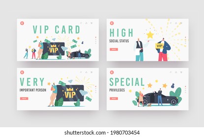 VIP Card, Celebrity Person Life Landing Page Template Set. Characters with Gold Cards Premium Service, Woman with Dog Enter Limousine, Waiter Carry Star on Tray. Cartoon People Vector Illustration
