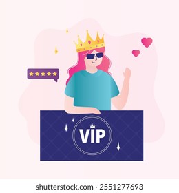 VIP Card, Celebrity person lifestyle concept. Luxury female character with gold crown and vip loyalty card get premium service, happy woman. Cartoon flat vector illustration