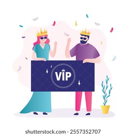 VIP Card, Celebrity person lifestyle concept. popular characters with gold crowns and vip loyalty card get premium service, happy famous and important people. Cartoon flat vector illustration