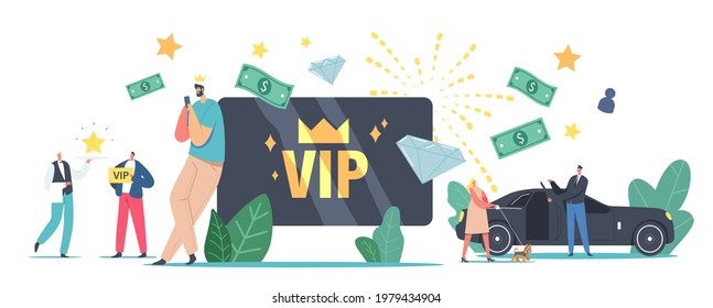 VIP Card, Celebrity Persons Lifestyle Concept. Luxury Characters with Gold Cards Get Premium Service, Woman with Dog Enter Limousine, Waiter Carry Star on Tray. Cartoon People Vector Illustration