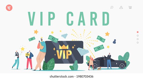 VIP Card, Celebrity Persons Lifestyle Landing Page Template. Characters with Gold Cards Premium Service, Woman with Dog Enter Limousine, Waiter Carry Star on Tray. Cartoon People Vector Illustration
