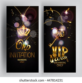 VIP Card With Gold Sparkling Key And Crown