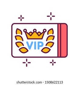 VIP card line color icon. Customer privilege web exclusive badge. White background with crown laurel wreath. Button for web or mobile app. 