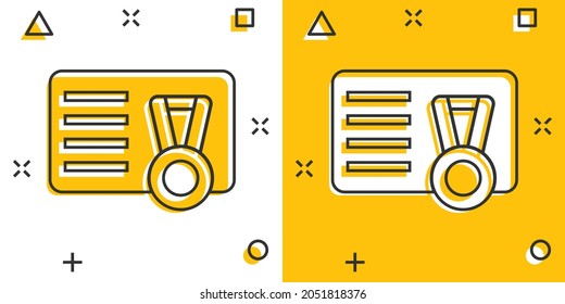 Vip card with medal icon in comic style. Document award trophy cartoon vector illustration on white isolated background. Winner badge splash effect business concept.