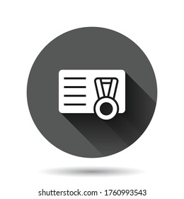 Vip card with medal icon in flat style. Document award trophy vector illustration on black round background with long shadow effect. Winner badge circle button business concept.