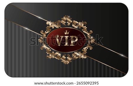 VIP card on black background with elegant black and gold design. Premium gold invitation for club members, casino. Vector illustration.