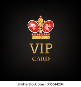 VIP card with ruby king crown on black background