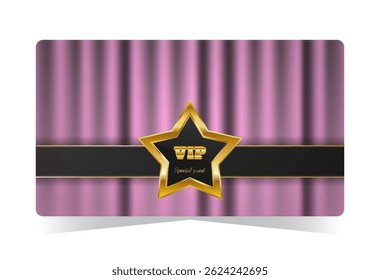 VIP card with star and violet draped curtains. Vector illustration for theatre, club, cinema, casino