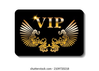 VIP card template, black with gold inscription and wings on a white background, vector illustration
