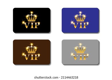 Plantilla de tarjeta VIP. Cuatro tarjetas de diferentes colores negro, azul gris y marrón con inscripción en oro y corona sobre fondo blanco, ilustración vectorial