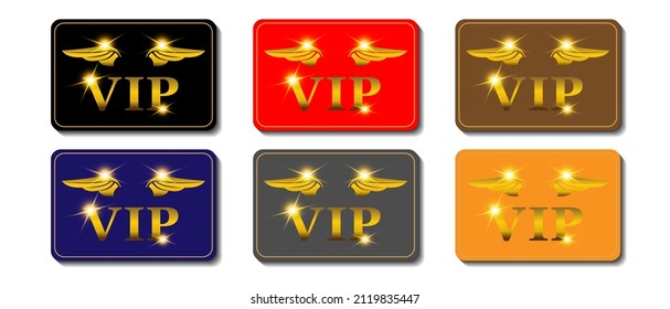 VIP card template. Six cards of different colors with a golden inscription and wings on a white background, vector illustration