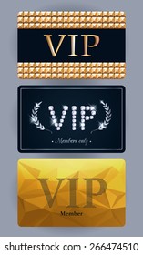 VIP cards with abstract backgrounds, laurels, gold and gemstones. Different cards categories. Members only design.