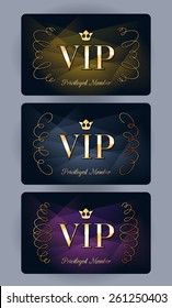 VIP cards with abstract gradient and vignettes background. Different cards categories - purple, golden, silver. Members only design.