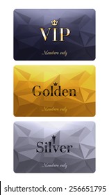 VIP cards with abstract mosaic background. Different cards categories - VIP, golden, silver. Members only design.