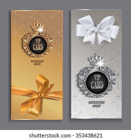 VIP cards with gold design elements and silk ribbons