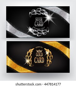 Vip cards with gold and silver sparkling ribbons. Vector illustration