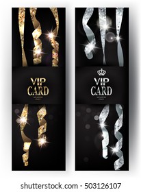 VIP cards with long hanging shiny serpentine on the background