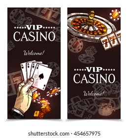 Vip casino color vertical banners with image of hand with playing cards roulette and chips in sketch style vector illustration 