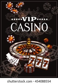 Vip casino poster with roulette wheel cards for poker play chips dice and jackpot icons in sketch style vector illustration