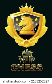 VIP Chess Logo and icon for chess game. Golden shild with knight chess figure