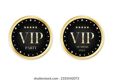 VIP chip, icon, badge, medal. Luxury club member decoration and party invitation sign. Vector isolated on white background