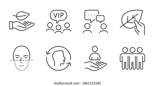 Vip clients, Organic tested and Face recognition line icons set. Friendship, Recruitment and Face id signs. People chatting, Leaf symbols. Exclusive privilege, Paraben, Faces biometrics. Vector