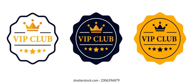 Etiqueta, insignia o etiqueta del club de vídeo. Iconos de club vip con corona y estrellas. Etiqueta redonda con tres niveles vip en color oro, plata y bronce. Icono de suscripción premium. Ilustración vectorial moderna