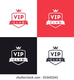 Vip Club Logo. Exclusive Membership Badge. Vip Club Icon Design With Red Crown And Ribbon. Creative Modern Member Pass. Premium Celebrity Access Card. Prestige Symbol. Vector Element