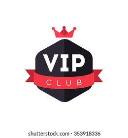 Vip Club Logo. Exclusive Membership Badge. Vip Club Icon Design With Red Crown And Ribbon. Creative Modern Member Pass. Premium Celebrity Access Card. Prestige Symbol. Vector Element
