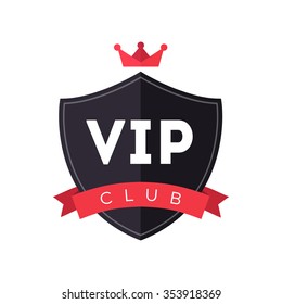 Vip Club Logo. Exclusive Membership Badge. Vip Club Icon Design With Red Crown And Ribbon. Creative Modern Member Pass. Premium Celebrity Access Card. Prestige Symbol. Vector Element