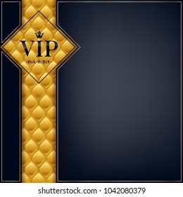 VIP club party premium invitation card poster flyer. Black and golden design template with copy space. Golden quilted texture decorative vector background.