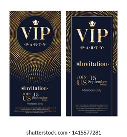 VIP club party premium invitation card poster flyers set. Black and golden design template. Sequins and circles pattern decorative vector background.