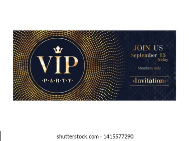 VIP club party premium invitation card poster flyer. Black and golden design template. Sequins and circles pattern decorative vector background.
