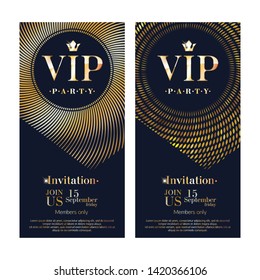 VIP club party premium invitation card poster flyers set. Black and golden design template. Sequins and circles pattern decorative vector background.