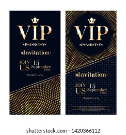 VIP club party premium invitation card poster flyers set. Black and golden design template. Sequins and circles pattern decorative vector background.