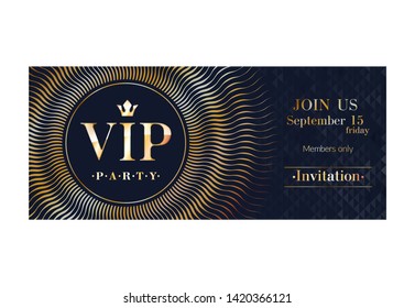 VIP club party premium invitation card poster flyer. Black and golden design template. Sequins and circles pattern decorative vector background.