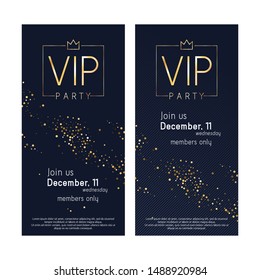 VIP club party premium invitation card poster flyers set. Black and golden design template. Sequins pattern decorative vector background.