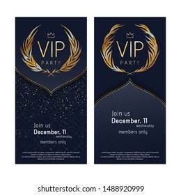 VIP club party premium invitation card poster flyers set. Black and golden design template. Sequins and golden wreath pattern decorative vector background.